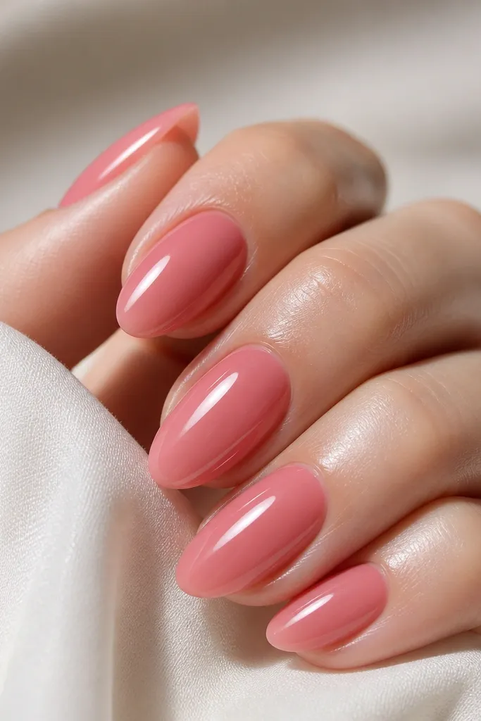 Short almond nails painted strawberry pink; a clear jelly top coat over it creates a glazed, wet look; very glossy.