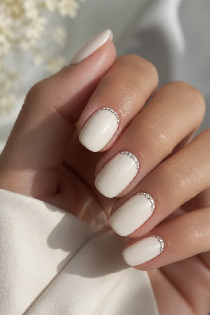 Ivory/off-white nails with a tiny rhinestone crescent near the cuticle, centered; glossy surface.