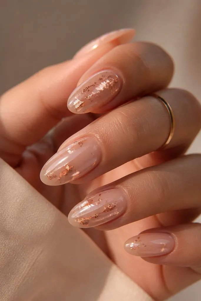 Sheer nude nails with rose gold foil pieces scattered lightly across the center; glossy top coat; foil is reflective.