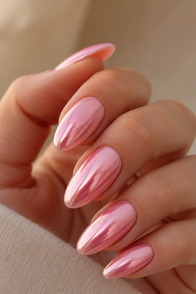Pink chrome gradient nails fading from brighter near the cuticle to softer at the tips; mirror shine; clean cuticles.