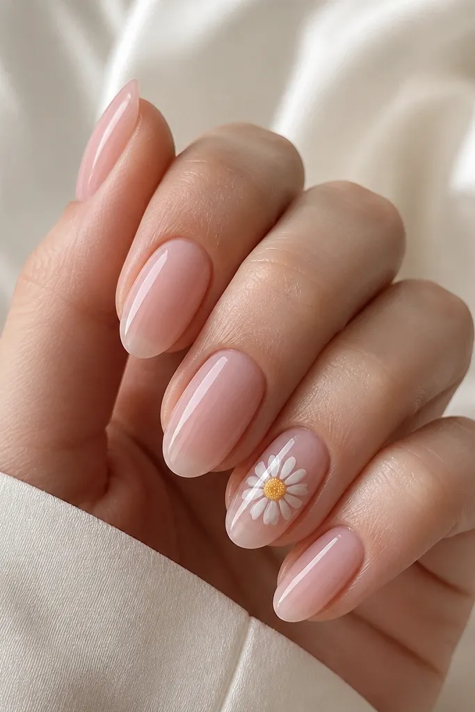 Sheer pink nails with one accent nail featuring a white daisy with yellow center; other nails are plain glossy.