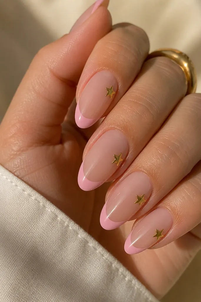 Soft pink French tips on a nude base; a tiny gold star sits near the side of each accent nail; glossy finish.