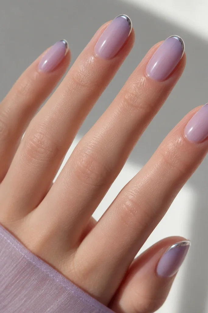 Soft lavender sheer nails; a thin silver chrome line follows the tip edge; mirror glow at edges.