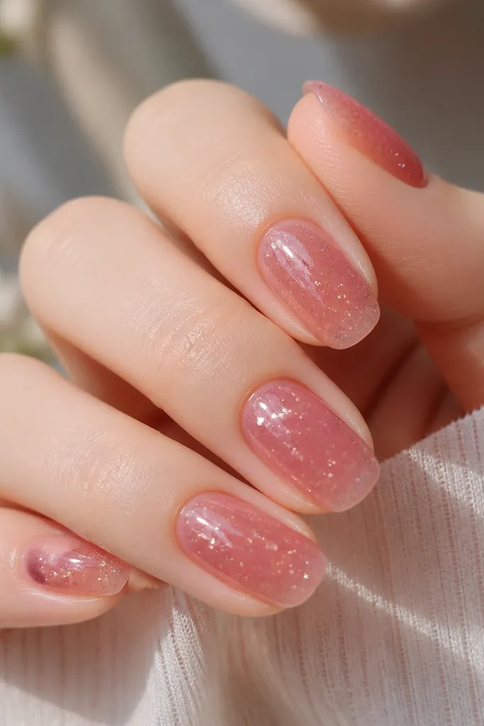 Nails with a sheer strawberry pink jelly layer and fine glitter suspended inside; glossy and semi-transparent.