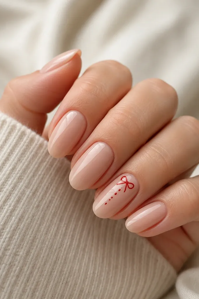 Classic nude nails with glossy finish; one accent nail has a small red bow near the cuticle and a tiny dot trail leading toward the center.
