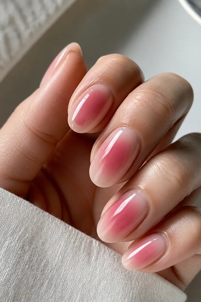 Rose pink aura nails with a clear center circle near the middle; gradient fades outward; glossy top coat.