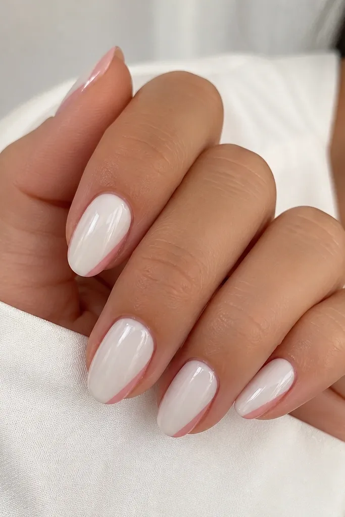 White milky nails; blush pink color appears only on the side tips, not the full tip; glossy; clean center remains white.