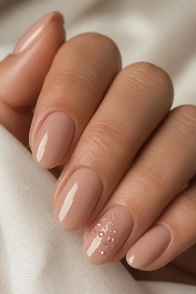 Nude nails with a cluster of tiny pink chrome dots on one nail; other nails are plain nude and glossy.