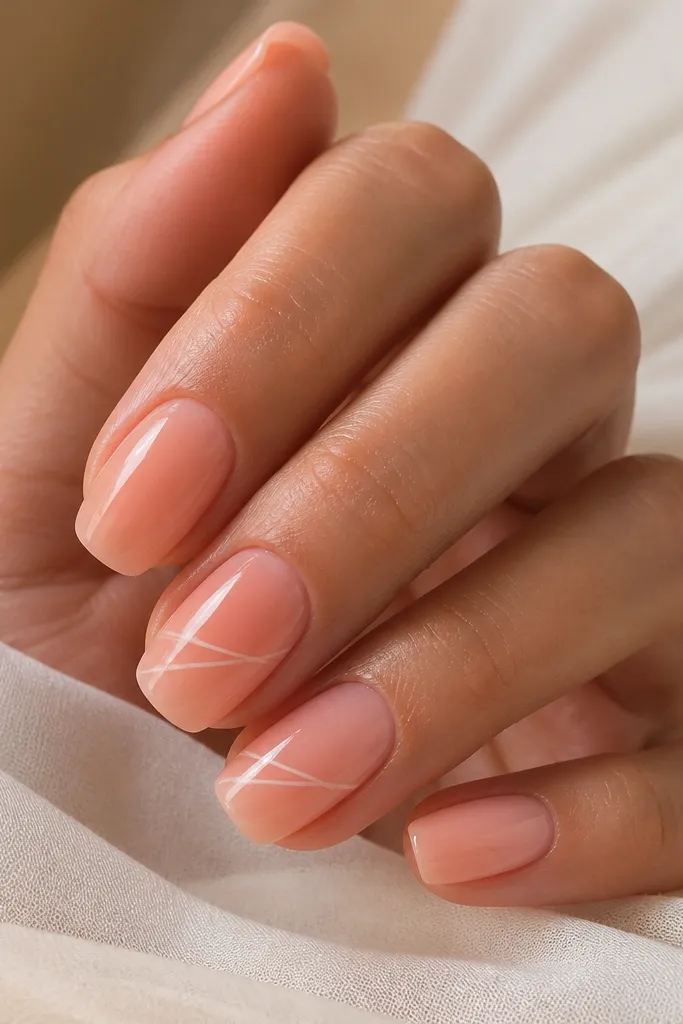 Peach glaze nails that look glossy and slightly translucent; thin white lines run diagonally across two nails; crisp edges.