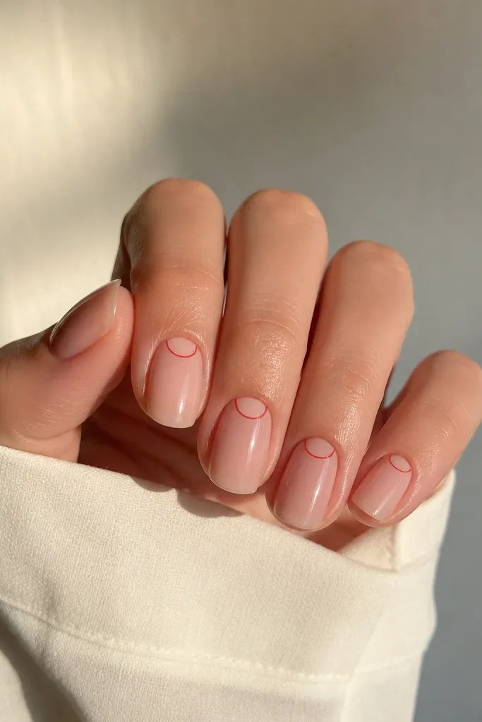Sheer nude nails with a tiny red outlined half-moon near the cuticle; minimal and glossy.