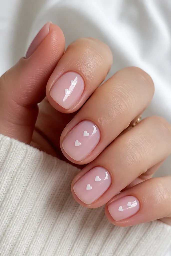 Short square nails painted a milky pink. Each nail has 1-2 tiny white hearts centered near the middle third. Everything is glossy with clean edges and no overflow.