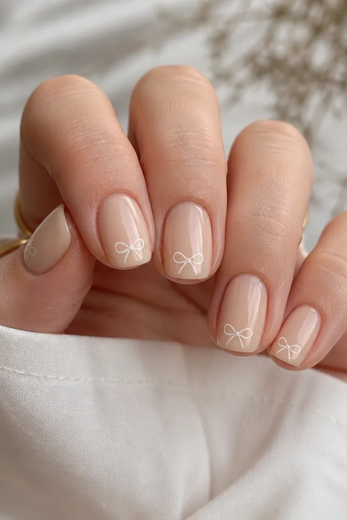 Short rounded nails in a buttercream nude. Only the tip area has tiny white bow shapes, one per nail, with a small dot for the knot. High shine top coat.