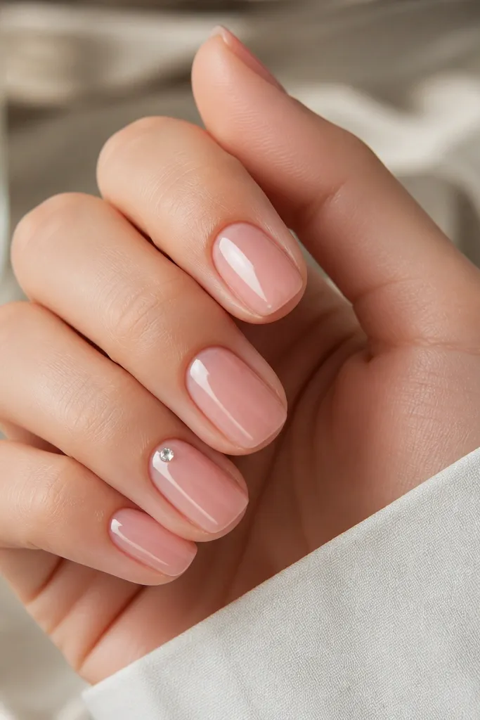 Short oval nails in a glossy sheer pink. One small clear rhinestone sits right at the cuticle line on the ring finger only. Other nails are plain and shiny.