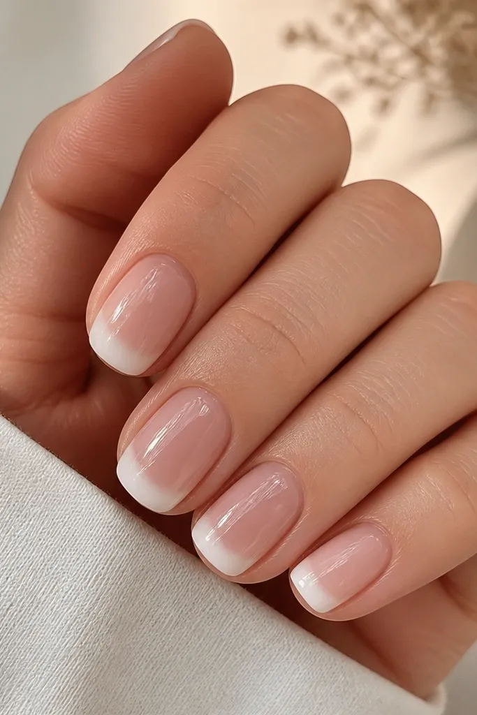 Short square nails with a sheer nude base. The tips are a milky white arc that looks softly blended like clouds, not a sharp line. Glossy finish.