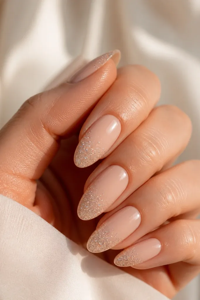 Short almond nails painted peachy nude. The tips have a micro glitter fade that goes from dense at the edge to almost none at the center. Everything is glossy and smooth.