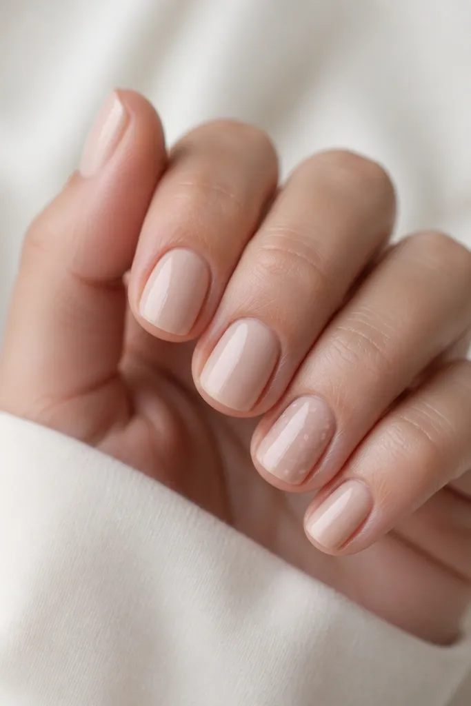 Short rounded nails in creamy nude. The ring finger has tiny pastel dots (pink and white) scattered in the middle third. Other nails are plain glossy nude.