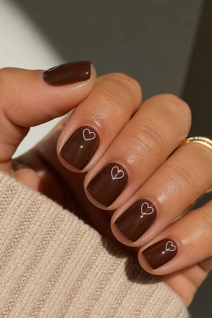 Short square nails in glossy chocolate brown. On each nail, a tiny white heart outline sits inside a small half-moon near the center. Clean, sharp lines.