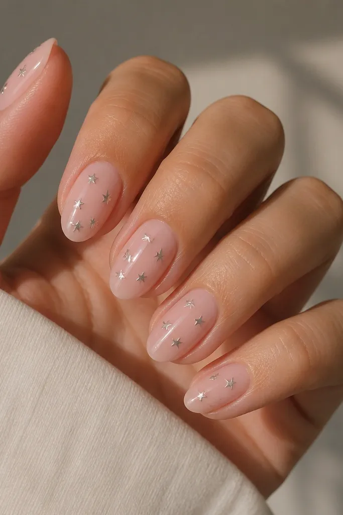 Short almond nails in sheer pink with a glossy finish. Each nail has 2-4 tiny silver stars scattered across the middle third, not touching the edges.