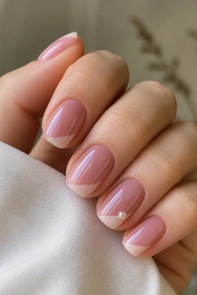 Short squoval nails in glossy rose pink. Tips have a diagonal milky white French line. On the ring finger, a single tiny pearl dot sits at the diagonal corner.