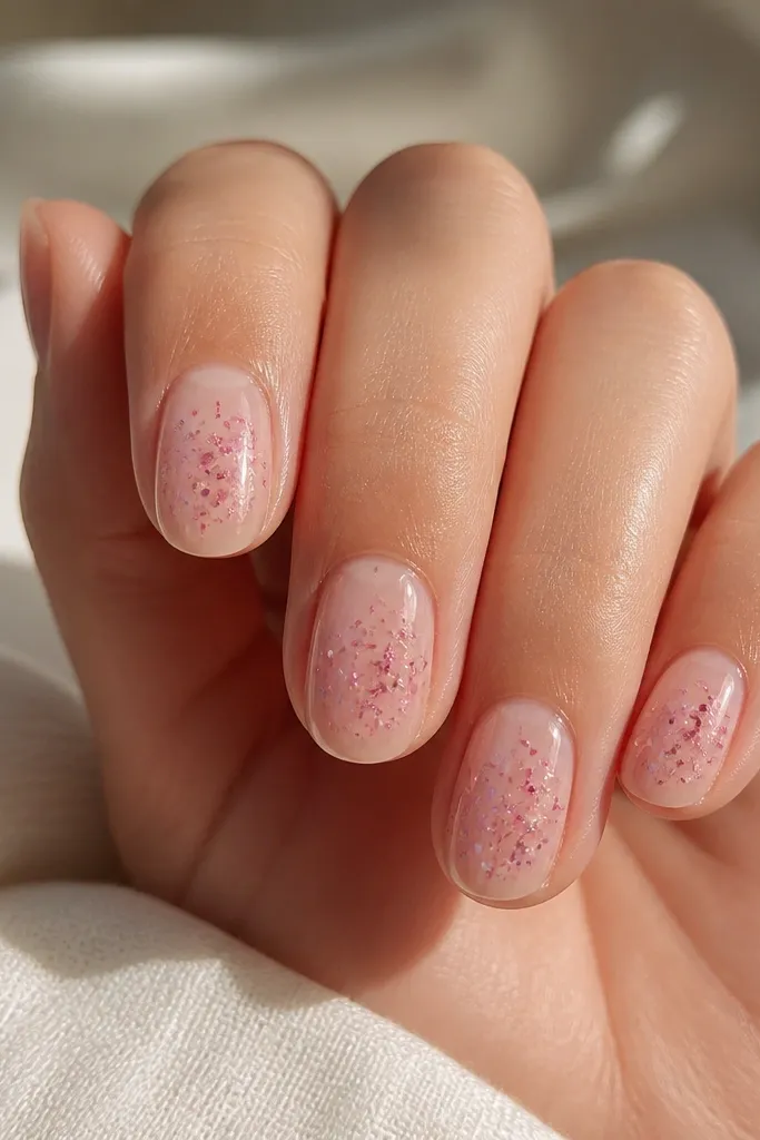 Short nails on a clear jelly base. Pink confetti glitter pieces are scattered lightly across the center third. High gloss, jelly shine, no thick bumps.