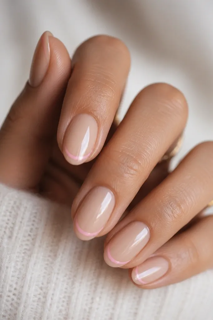 Short almond nails in nude. Each nail has a thin pink outline that looks like a tiny smile curve near the tip, centered. Glossy top coat.