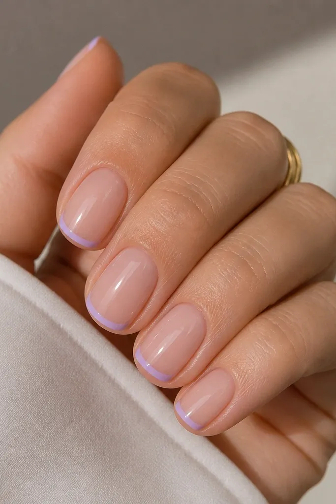 Short square nails with a sheer nude base. Tips are a thin lavender line, like micro French. Everything is super glossy and smooth.