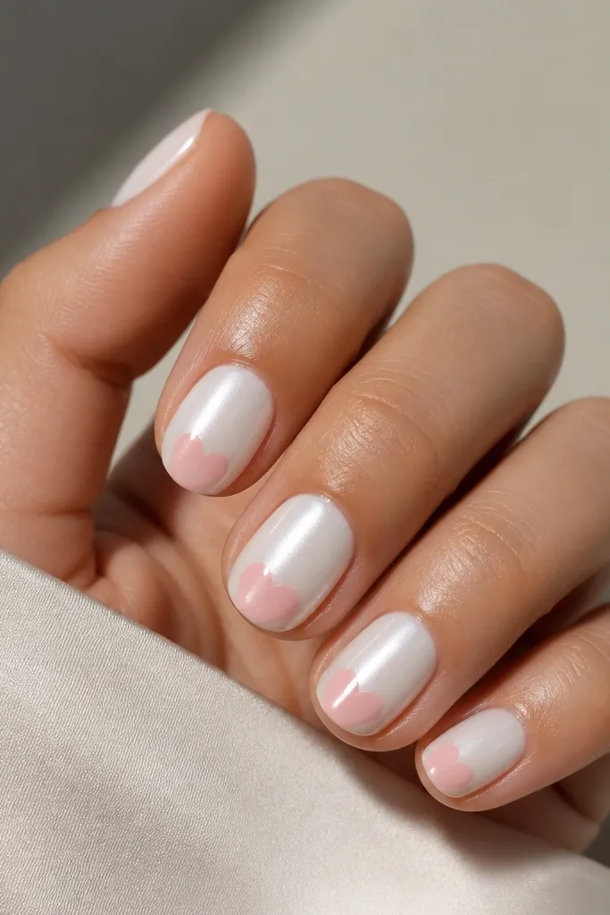 Short rounded nails in pearl white. On each nail, a soft pink half-heart sits near the tip, centered, like a small cap. Glossy shine.