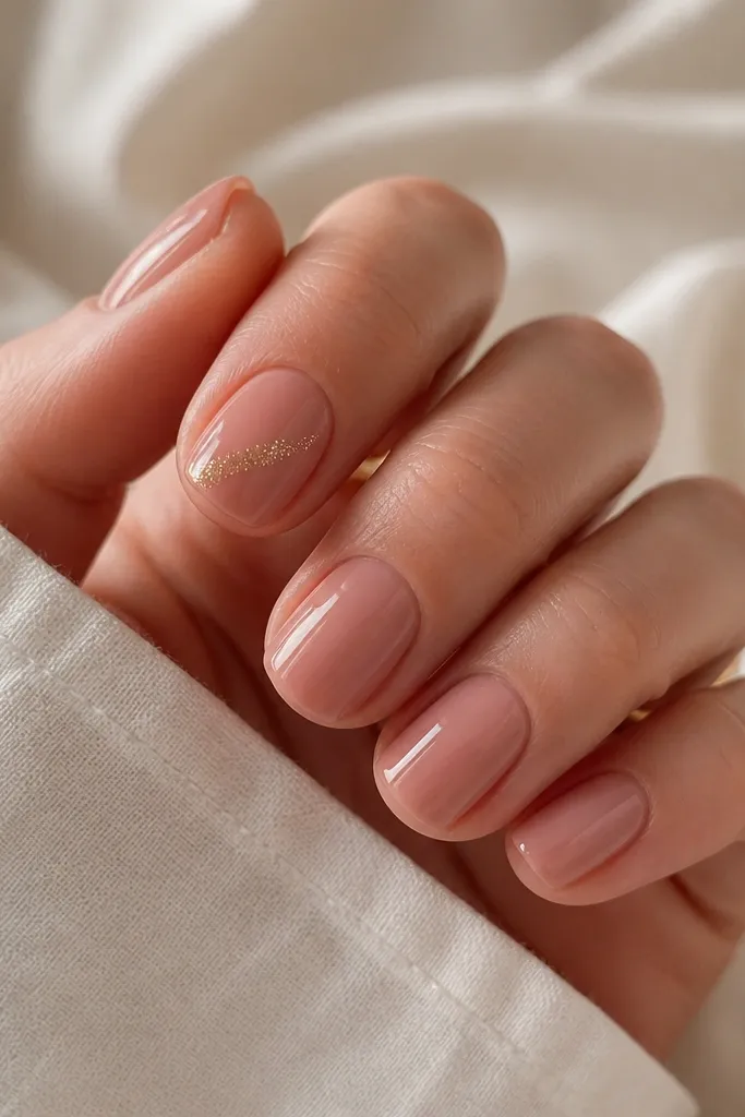 Short squoval nails in rosy nude. On the index finger, there is a diagonal side-swipe of fine gold glitter across the middle third. Other nails are plain glossy.