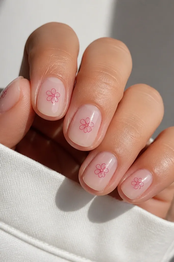 Short nails in a clear nude gel look. On each nail, there are tiny pink outline flowers with 4-5 petals, placed in the center third. Glossy, clean lines.