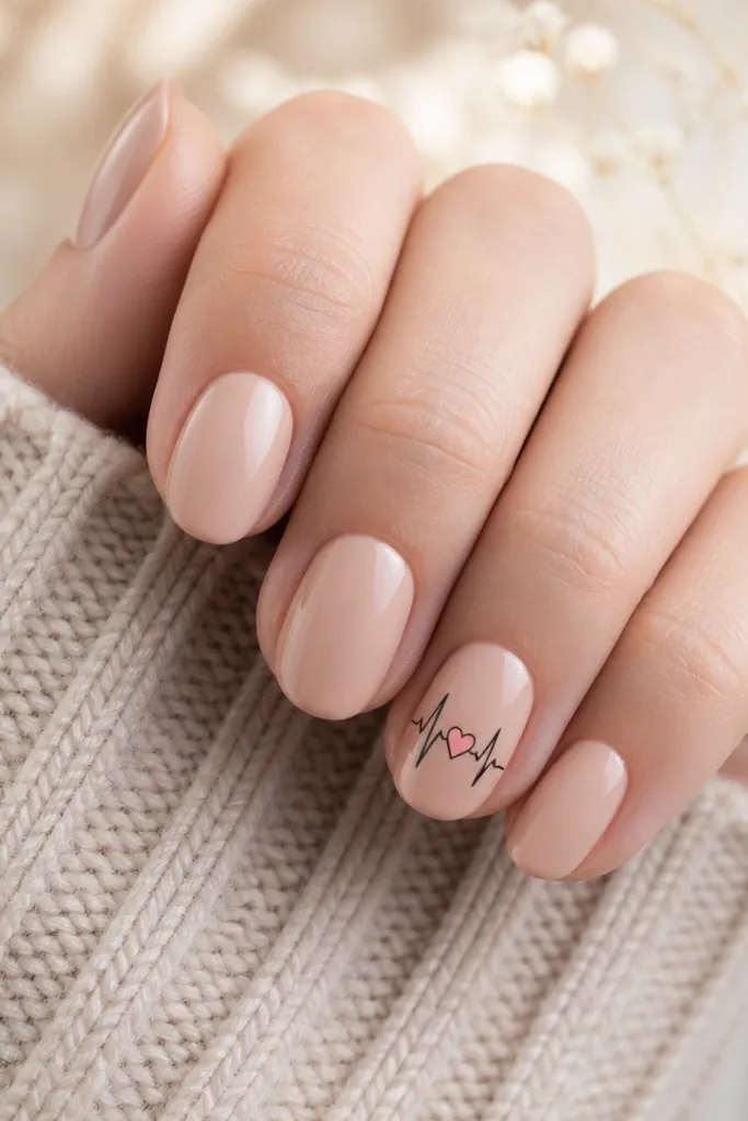 Short oval nails in warm nude. One accent nail has a tiny black heartbeat line with a small pink heart at the peak. Other nails are glossy plain.