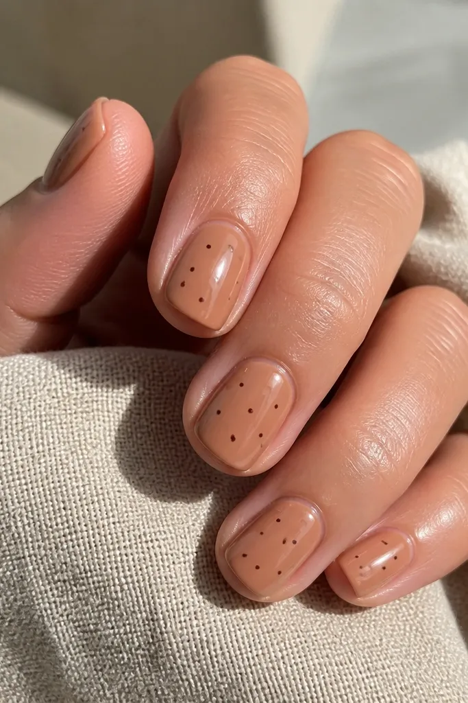 Short nails in caramel latte nude. Each nail has 3-5 tiny micro dots in darker brown scattered across the middle third. High shine top coat.