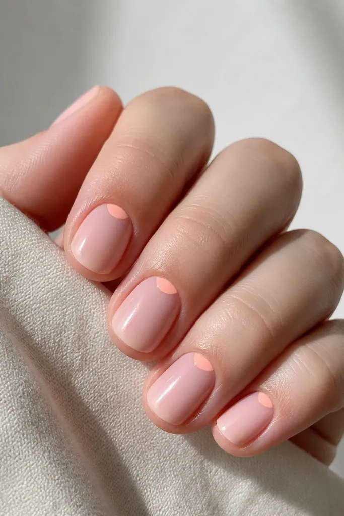 Short nails in sheer pink. Each nail has a tiny peach half-moon near the cuticle line, centered, like a small crescent. Glossy and clean.
