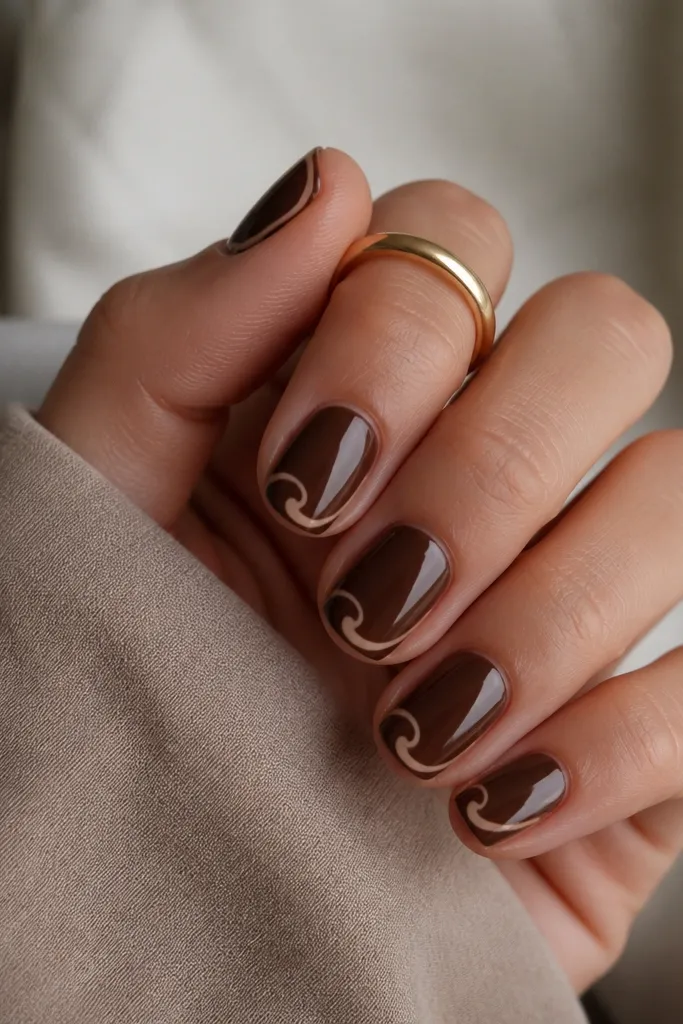 Short square nails painted chocolate brown. The tips have thin nude swirl lines that curl inward, like tiny swirls at the free edge. Glossy top coat.