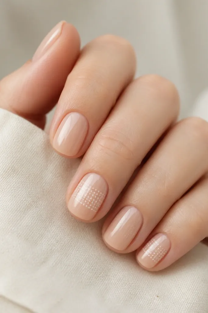 Short nails in glossy nude. On two nails only, there's a delicate grid made of tiny white dots like lace, arranged in a rectangle in the middle third. Other nails are plain.