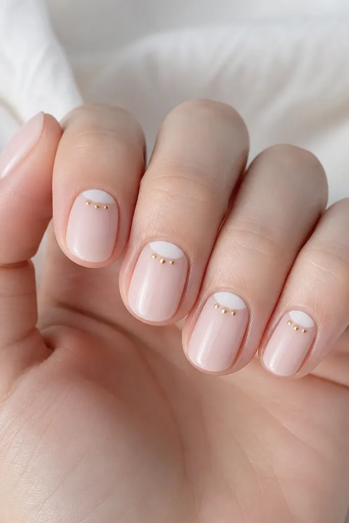 Five short oval nails on a light skin hand. Nails are milky pink/creamy nude. Each nail has a clean half-moon at the cuticle area in a slightly brighter milky shade, and three tiny gold specks clustered just off-center near the cuticle. Glossy finish.