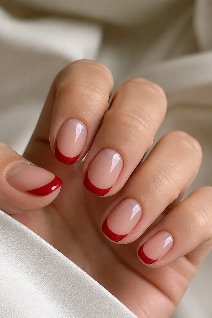 Five squoval short nails with a sheer nude base. The tips are painted cherry red in a curved arc, leaving a thin nude border near the sides. A glassy, high-shine top coat makes the red look wet.