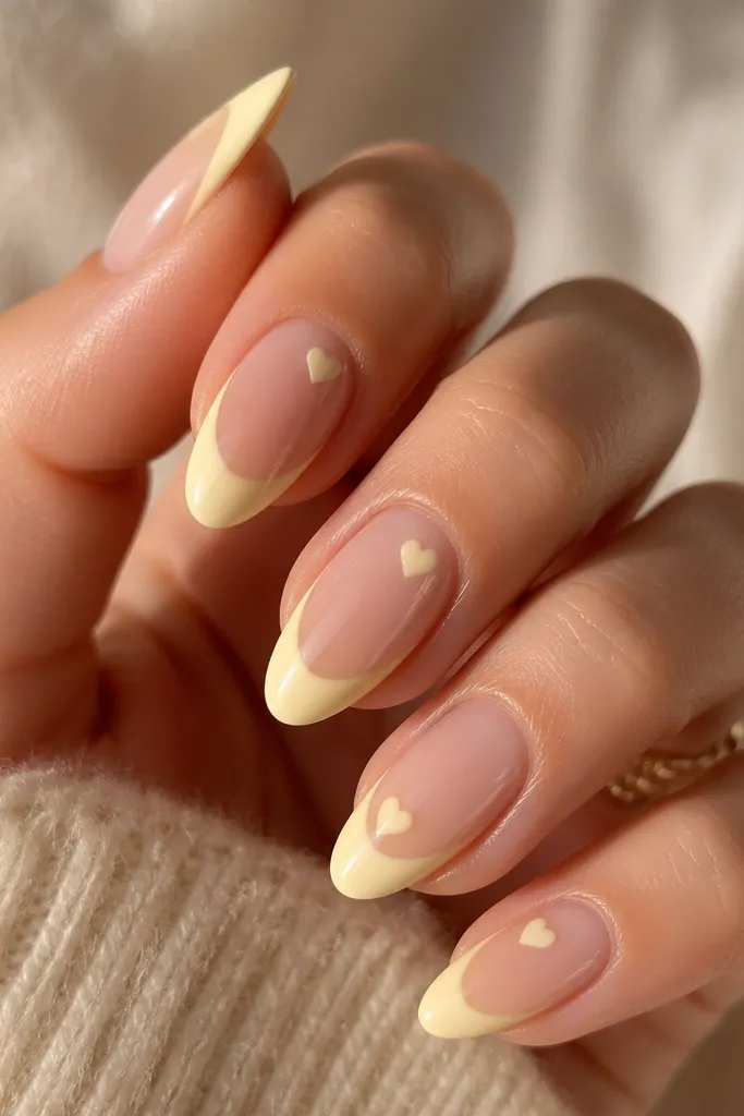 Short oval nails with a sheer nude base. French tips are buttercream yellow (soft pastel). On the ring finger, there's a tiny heart dot in white near the cuticle, with two smaller dots beside it. Glossy finish.