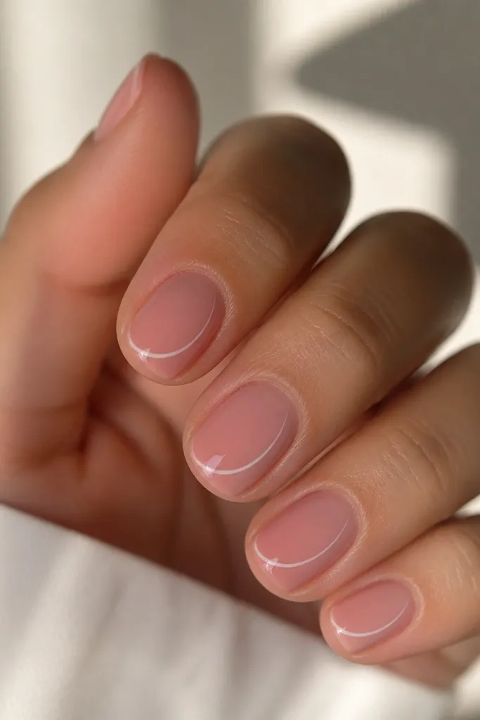 Short nails with a translucent jelly pink base. On each nail, a single white swoosh sits on one side of the nail, curved like a small wave. The swoosh is thin and crisp, glossy top coat.