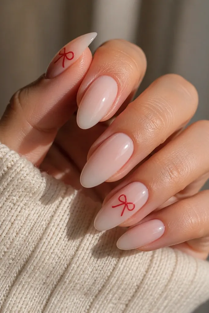 Short oval nails in milky nude. One or two accent nails have a tiny red bow at the cuticle area, drawn with thin lines and two loop shapes. Others are plain glossy nude.