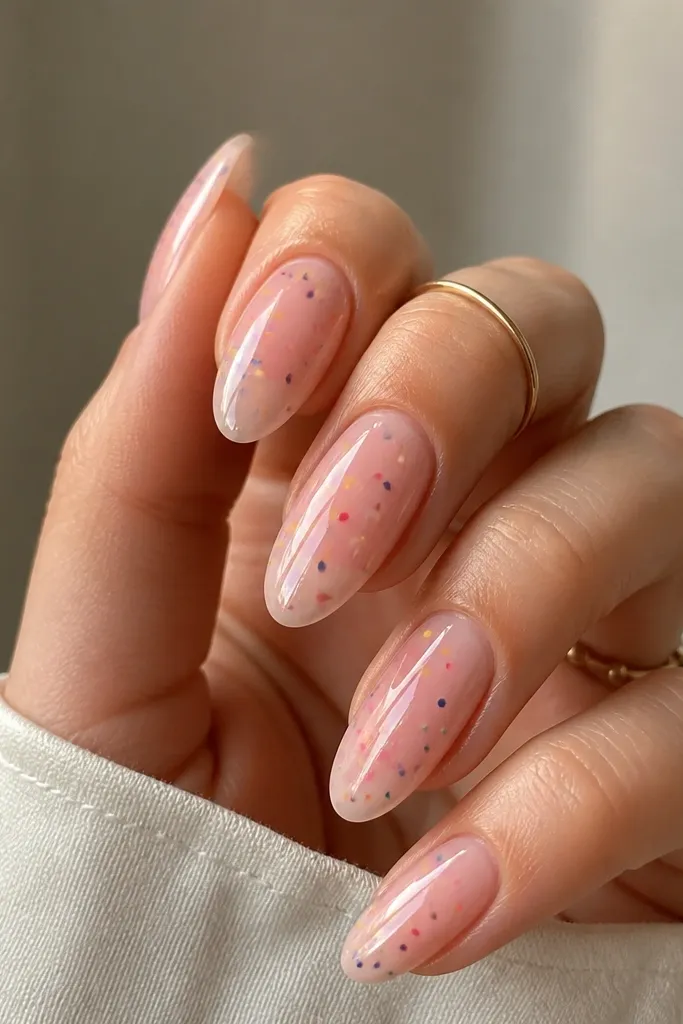 Short nails with a translucent clear-pink base. Across the nail surface are scattered tiny dots in white, champagne gold, and a few pale pink dots. Dots are small and evenly spaced. Glossy top coat.