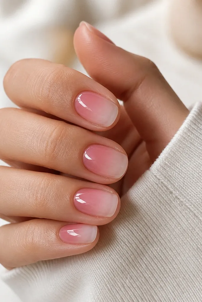 Short oval nails with a smooth gradient: deeper rosy pink at the cuticle that fades to almost clear at the tip. The transition is blended with no harsh line. Glossy finish.
