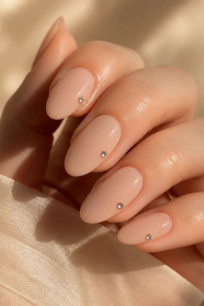 Short squoval nails in glossy nude. On each nail, there's one small crystal placed near the sidewall at the center third, angled slightly upward. The crystal catches light.