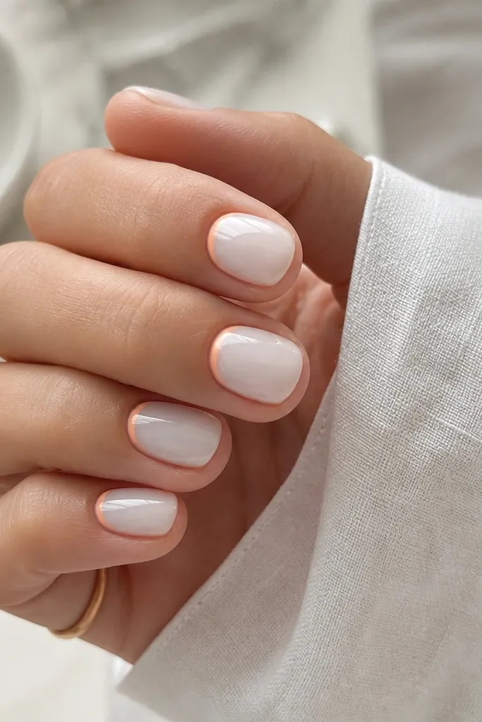 Short nails painted in glossy white-milky. On each nail, a tiny crescent in peach sits at the cuticle edge, centered. The crescent is thin and clean.