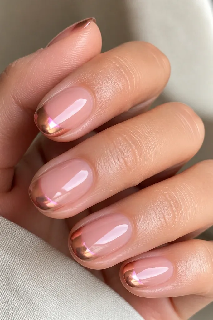 Short oval nails with a clear-pink jelly base. The tips have a rose-gold chrome application, blended in a soft arc. The chrome flashes pink and gold under light. Glossy top coat.