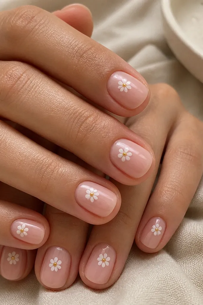 Short nails on a sheer pink base. Each nail has a tiny white daisy flower near the center of the nail, with a yellow-gold dot in the middle. Flowers are small and evenly spaced. Glossy finish.