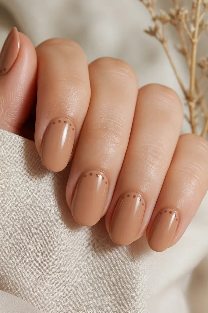 Short almond-leaning squoval nails in caramel nude (warm beige). At the cuticle edge, there are tiny evenly spaced polka dots in a slightly darker caramel shade. Glossy finish.