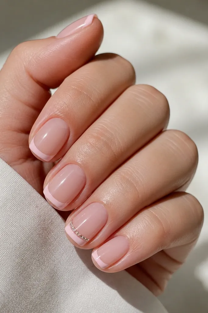 Short squoval nails with sheer pink base. French tips are a thin pale pink line. On the ring finger, there's a single thin line of tiny rhinestones running along the French border. Glossy finish.