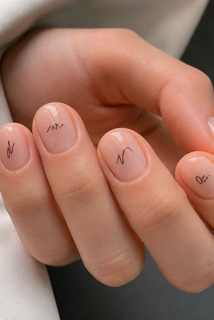 Short oval nails with sheer nude base. Each nail has one tiny black scribble mark near the center, like a quick signature. Marks are thin and slightly uneven. Glossy finish.