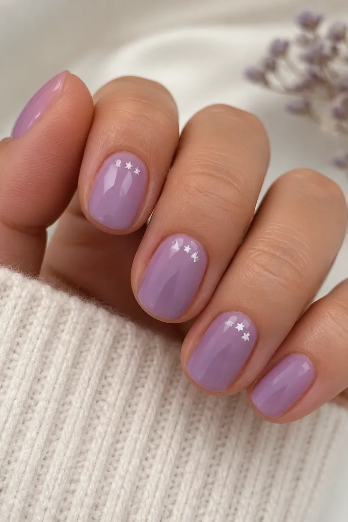 Short nails in lavender jelly. On two nails, there's a tiny cluster of three white stars near the cuticle. Stars are small and crisp. Glossy finish.
