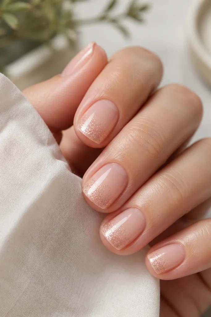 Short nails with a smooth nude-to-blush ombré. Near the tip, there's a subtle blush micro glitter fade that gets denser at the very edge. The rest is glossy and clean.